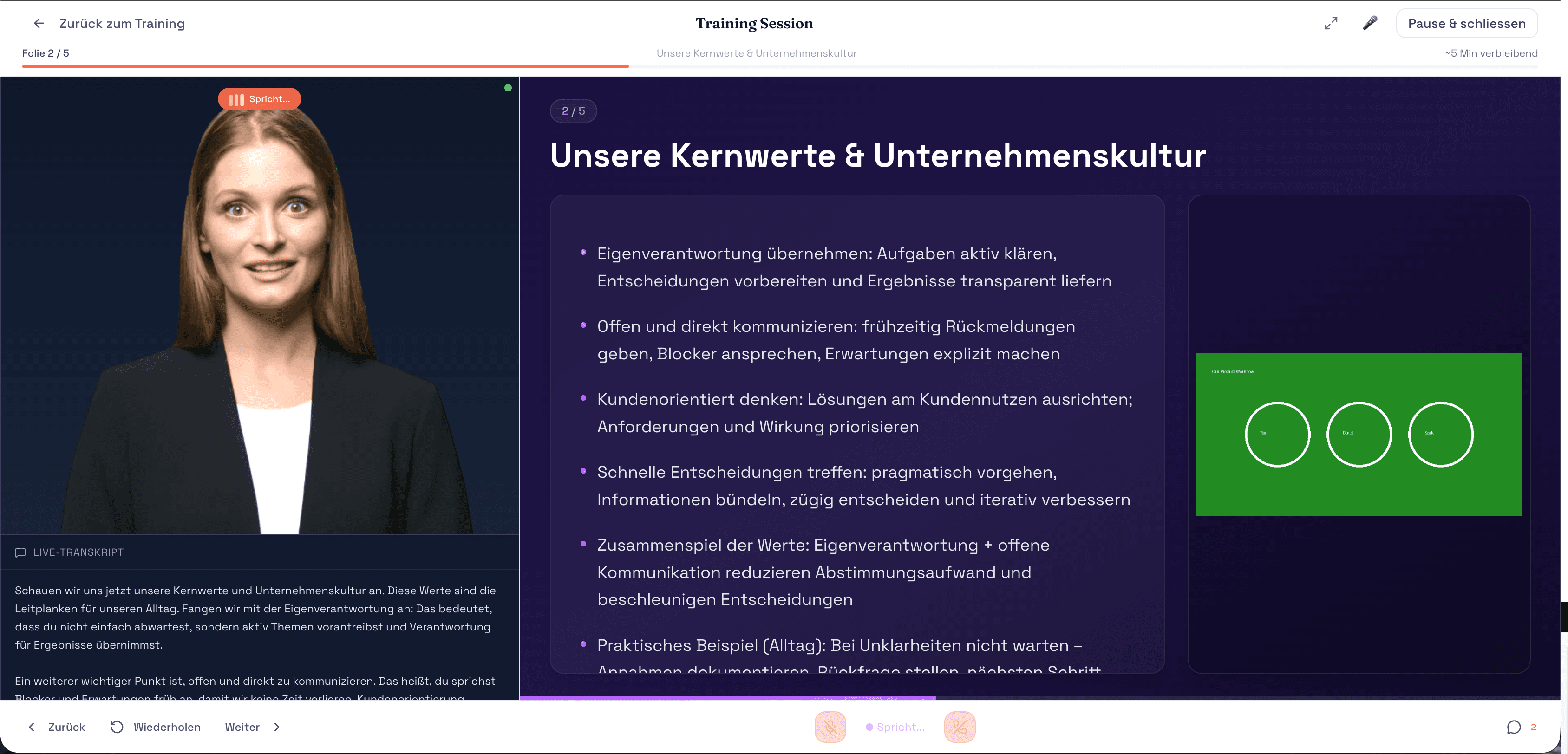 AILA KI-Lernplattform in Aktion – KI-Avatar erklärt Unternehmenskultur in einer interaktiven Training Session mit Live-Transkript und Folienansicht